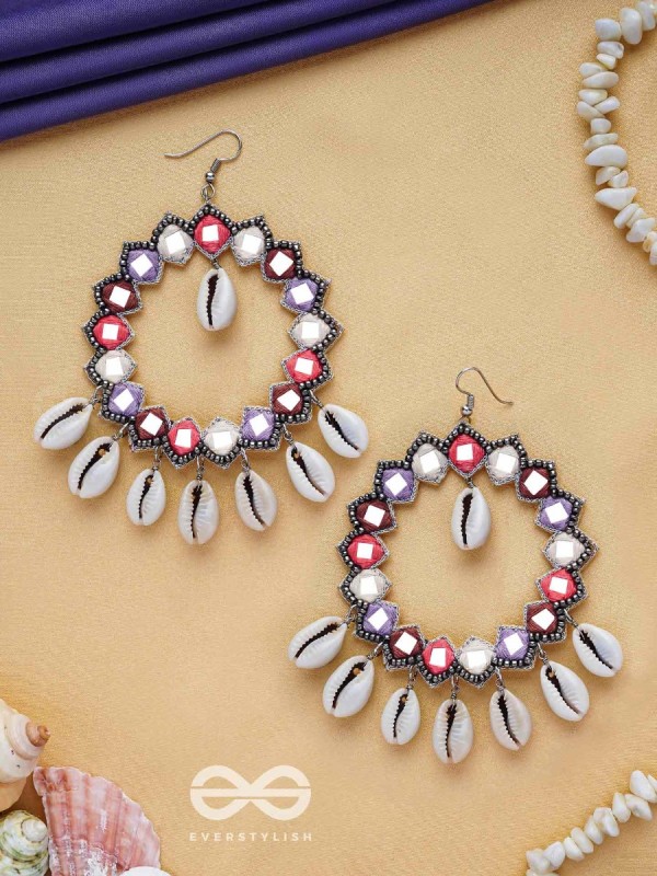 Drumalaya - Magical Sea Shells - Mirror And Shells Hand Embroidered Earrings