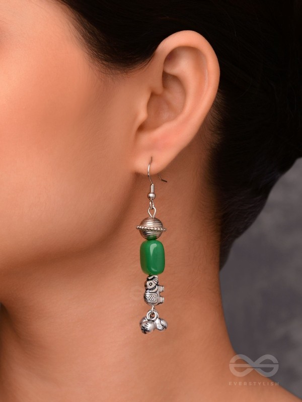 MELODIC EMERALD TRUMPET - EMBELLISHED OXIDISED EARRINGS