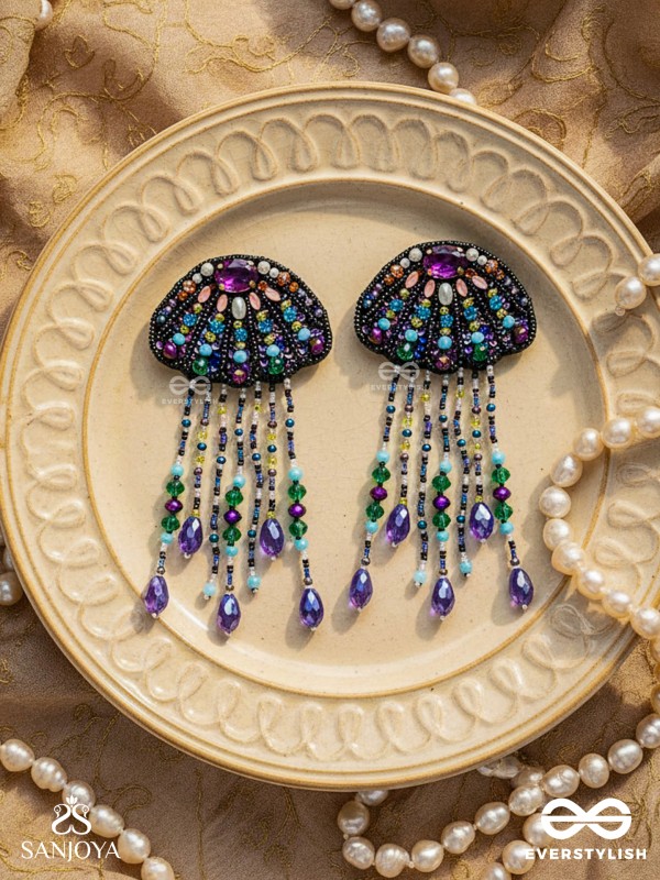 Mrdika - The Vibrant Fish - Stone, Beads And Sequins Hand Embroidered Earrings