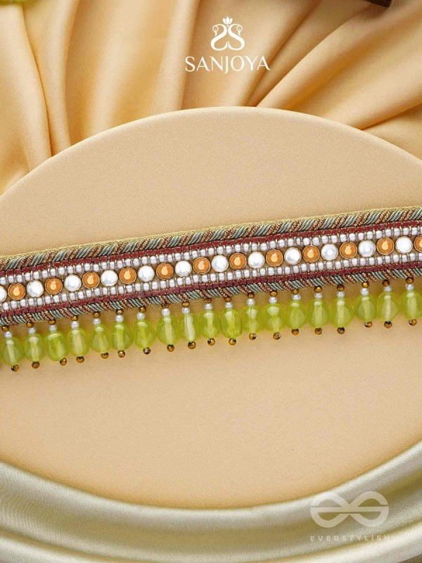 Hemaprabha- The Lively Love- Beads And Glass Drops Lace Hand Embroidered Choker Neckpiece