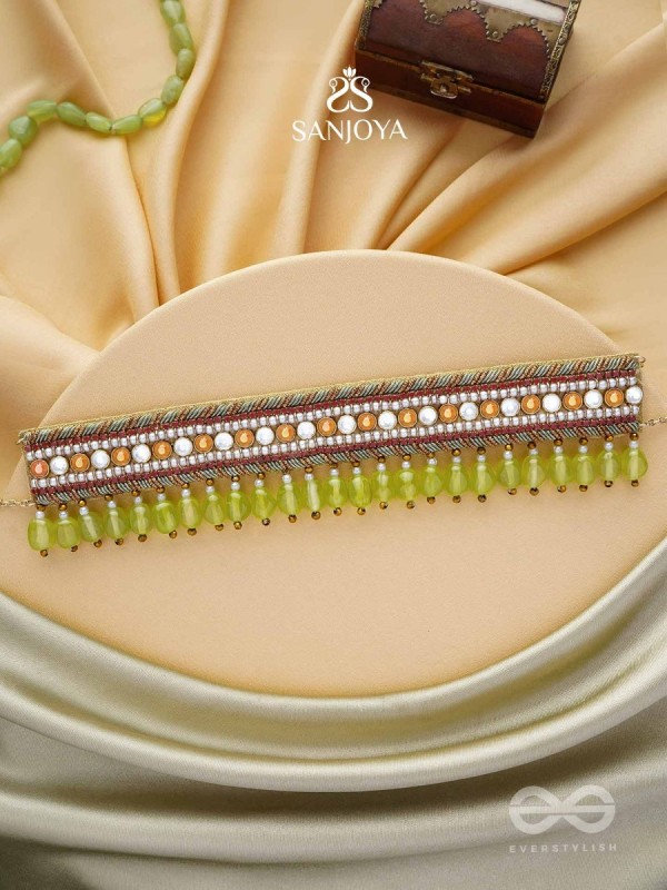 Hemaprabha- The Lively Love- Beads And Glass Drops Lace Hand Embroidered Choker Neckpiece