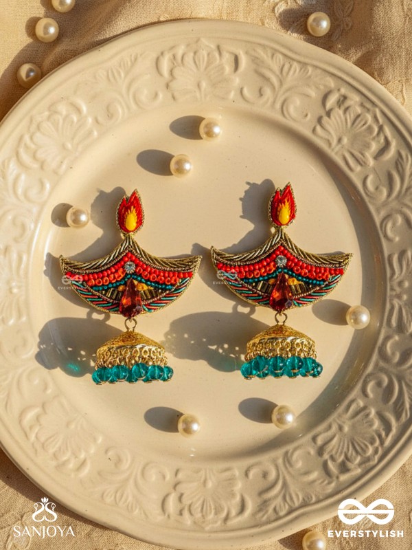 Dipah - Lamp Of Victory - Stone, Resham And Cut Dana Hand Embroidered Earrings