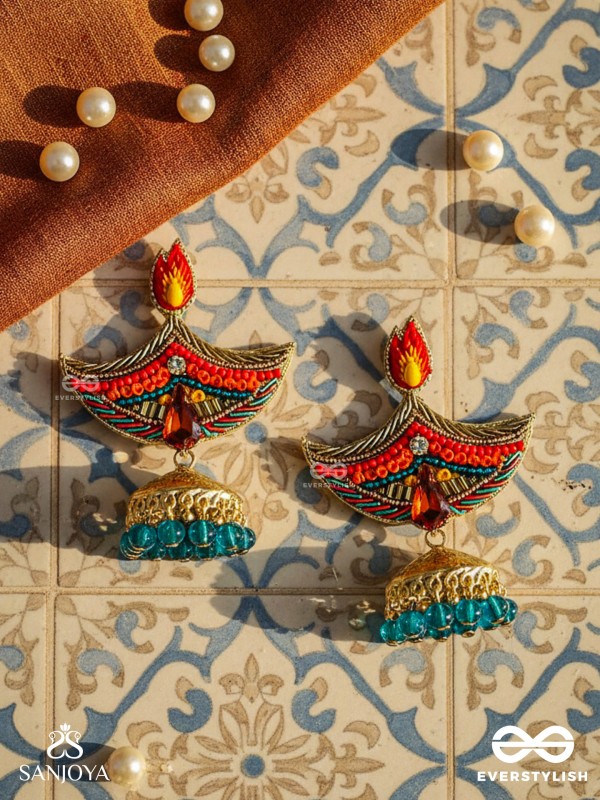 Dipah - Lamp Of Victory - Stone, Resham And Cut Dana Hand Embroidered Earrings