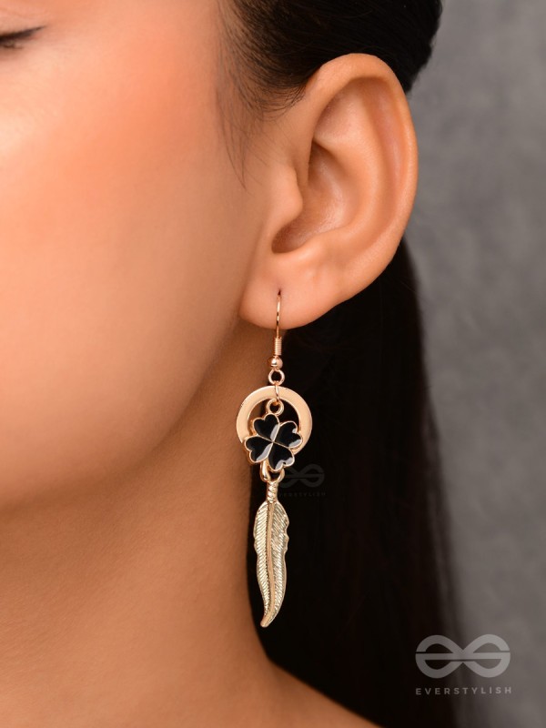 Leafy Luster - Golden And Black Earrings 