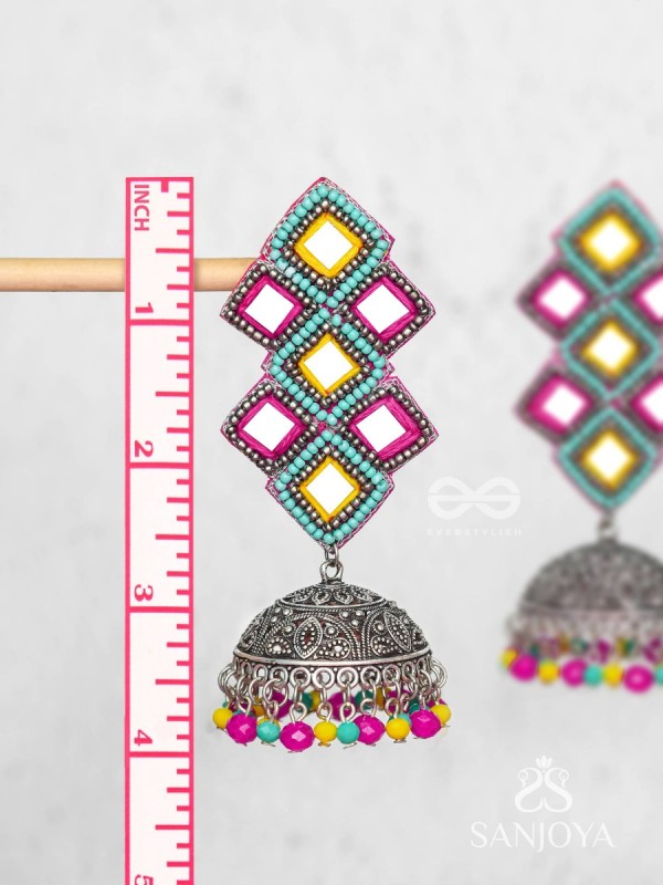 Vasantak - The Vibrant Kites- Mirrors, Resham And Beads Hand Embroidered Oxidised Jhumka Earrings