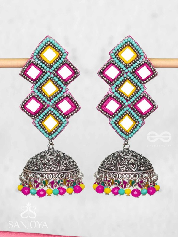 Vasantak - The Vibrant Kites- Mirrors, Resham And Beads Hand Embroidered Oxidised Jhumka Earrings