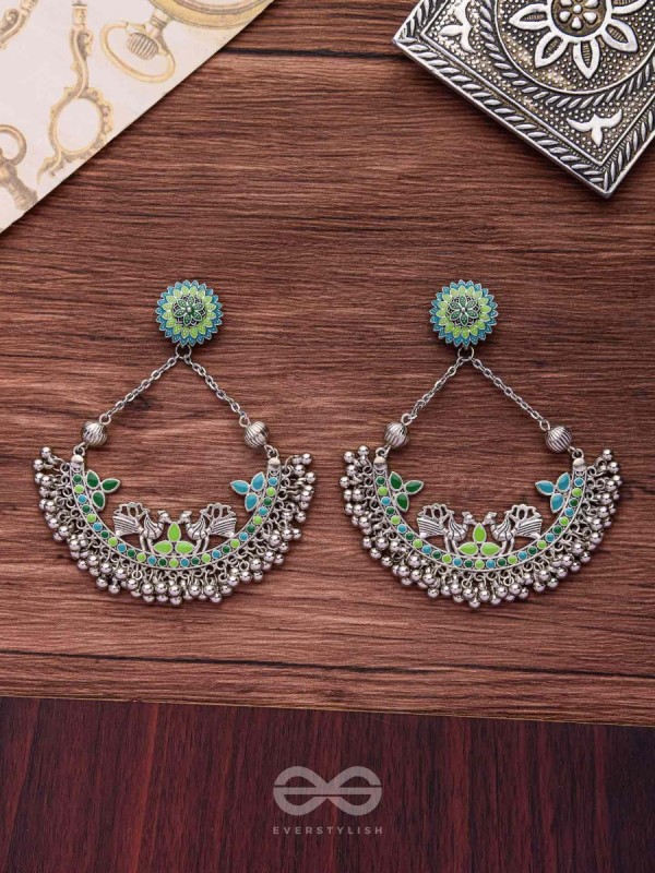 Mystical Peacocks In Sea Green - Enamelled Oxidised Earrings