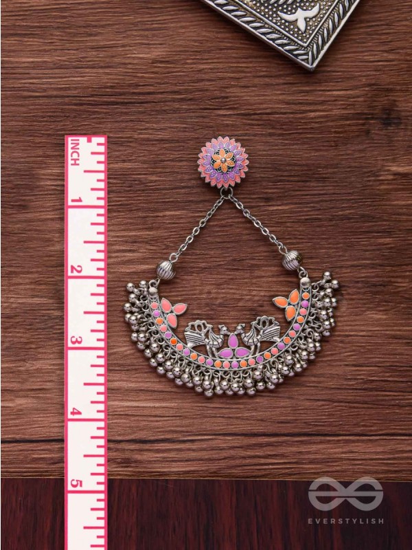 Mystical Peacocks In Coral - Enamelled Oxidised Earrings