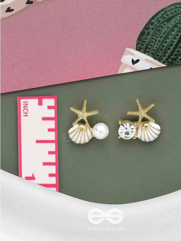 STARFISH & SEASHELL WISHES - GOLDEN AND WHITE EMBELLISHED STUD EARRINGS