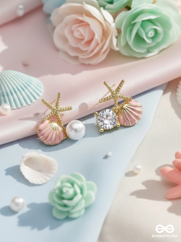 STARFISH & SEASHELL WISHES - GOLDEN AND PINK EMBELLISHED STUD EARRINGS