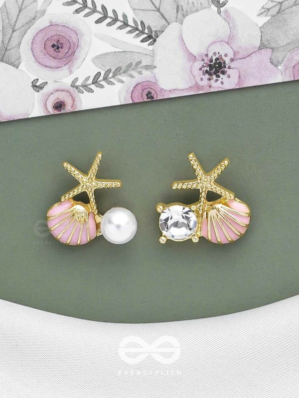 STARFISH & SEASHELL WISHES - GOLDEN AND PINK EMBELLISHED STUD EARRINGS