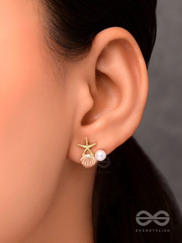 STARFISH & SEASHELL WISHES - GOLDEN AND PINK EMBELLISHED STUD EARRINGS