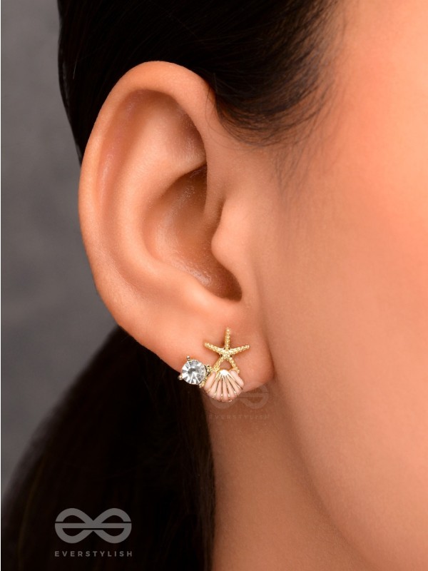 STARFISH & SEASHELL WISHES - GOLDEN AND PINK EMBELLISHED STUD EARRINGS