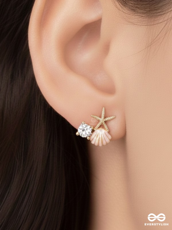 STARFISH & SEASHELL WISHES - GOLDEN AND PINK EMBELLISHED STUD EARRINGS