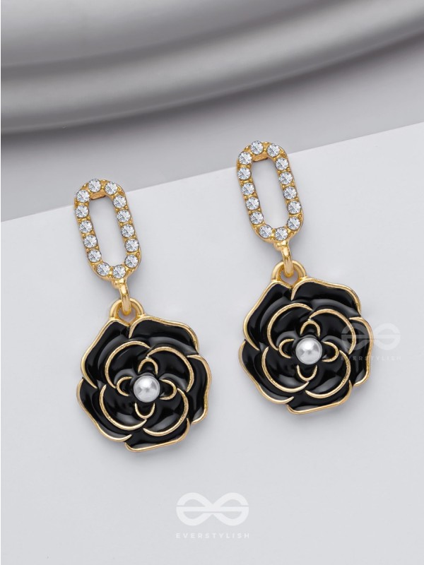 THE MIDNIGHT ROSE - GOLDEN AND BLACK EMBELLISHED EARRINGS
