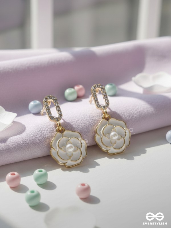 THE MIDNIGHT ROSE - GOLDEN AND WHITE EMBELLISHED EARRINGS