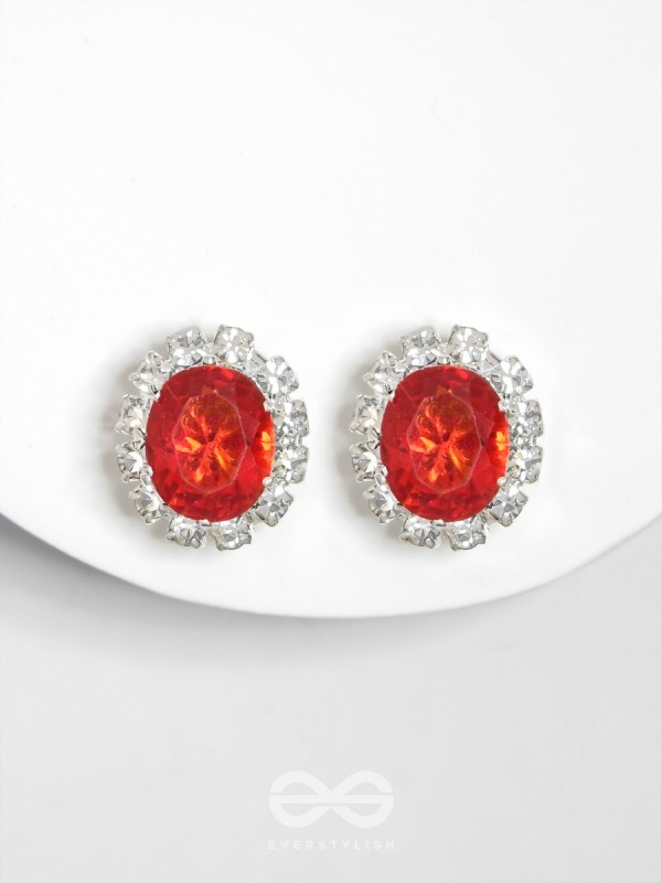 SHIMMER AND SHINE - SILVER AND RED EMBELLISHED STUD EARRINGS