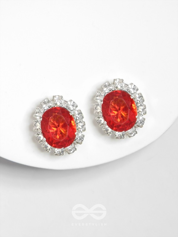 SHIMMER AND SHINE - SILVER AND RED EMBELLISHED STUD EARRINGS