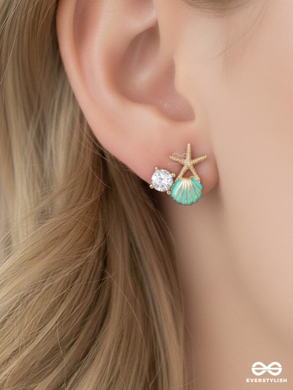 STARFISH & SEASHELL WISHES - GOLDEN AND BLUE EMBELLISHED STUD EARRINGS