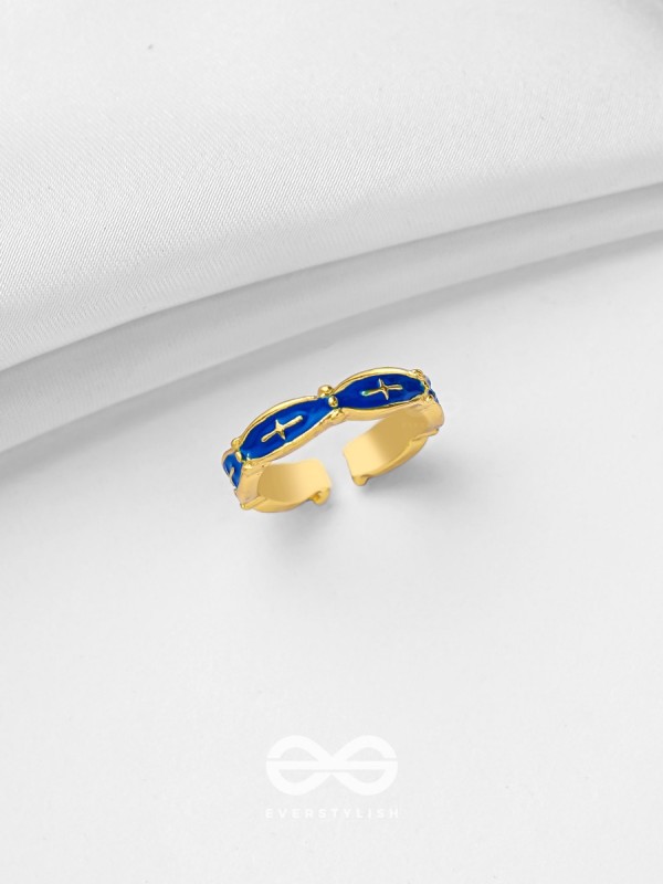 PRUSSIAN PROWESS - GOLDEN AND BLUE EMBELLISHED RING (ADJUSTABLE)