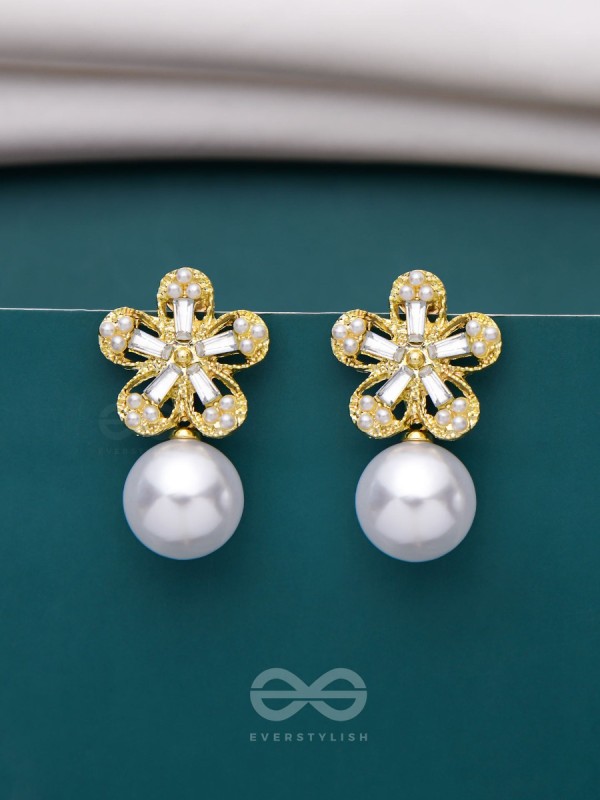 PEARL PETAL PARADISE - GOLDEN AND WHITE EMBELLISHED EARRINGS