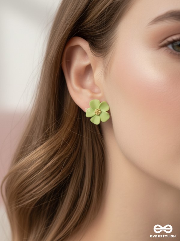 THE BLOSSOM BALLAD - GOLDEN AND GREEN ACRYLIC STUD EARRINGS