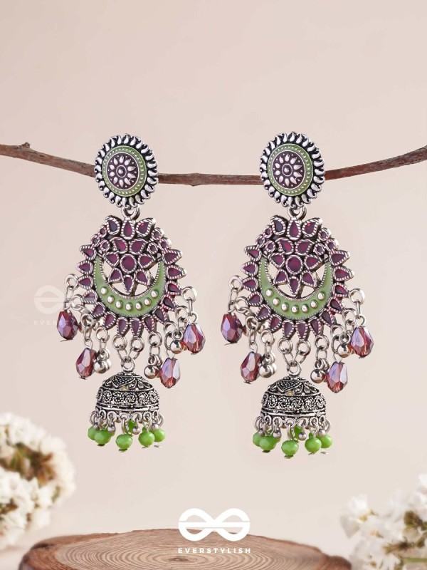 The Ruby Meadows - Statement Enamelled And Oxidised Jhumka Earrings