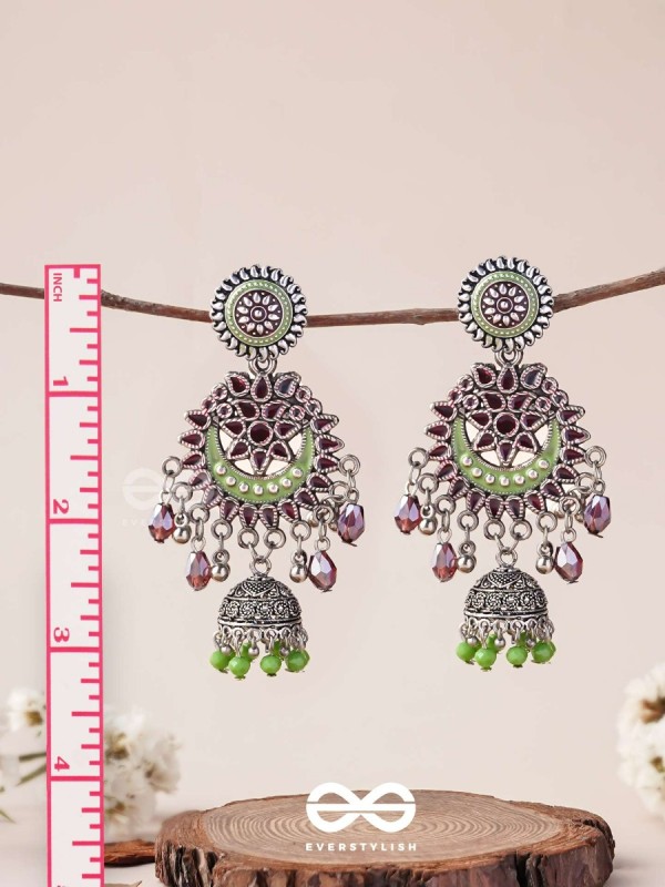 The Ruby Meadows - Statement Enamelled And Oxidised Jhumka Earrings