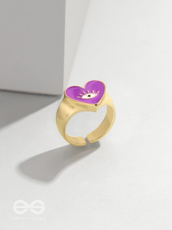 Eye Heart You - Purple Enamelled Golden Ring (Adjustable)
