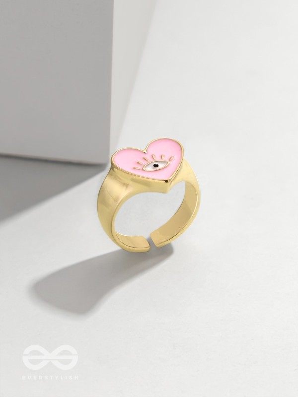 Eye Heart You - Pink Enamelled Golden Ring (Adjustable)