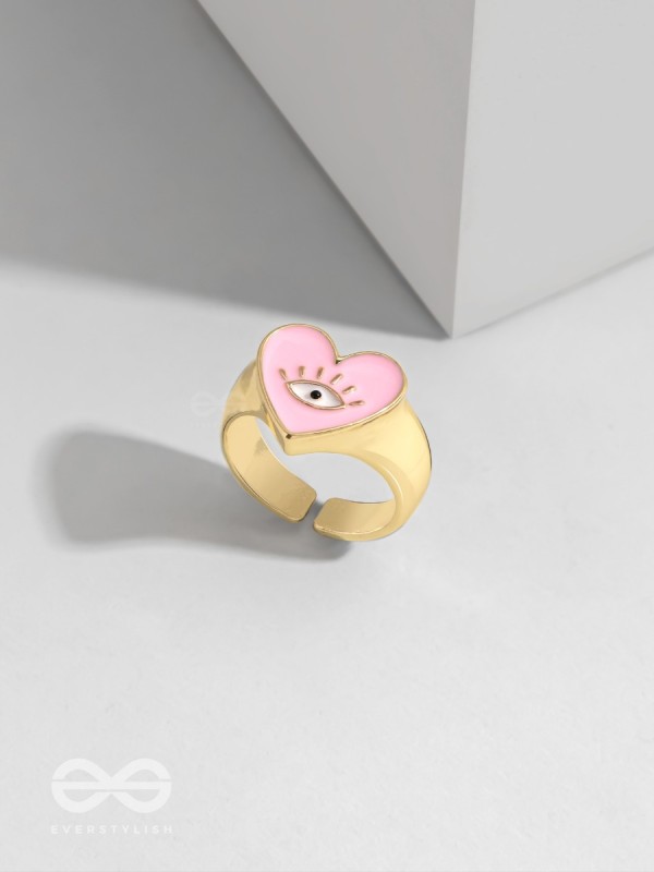 Eye Heart You - Pink Enamelled Golden Ring (Adjustable)