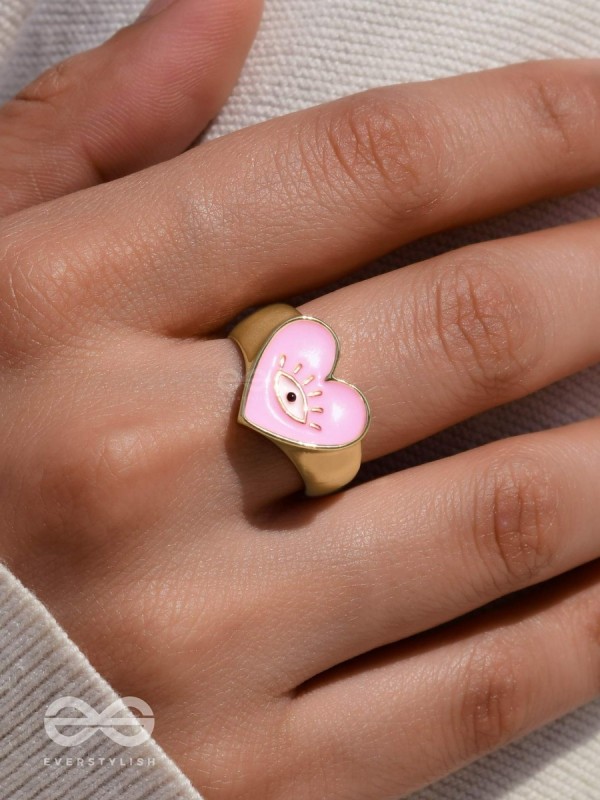 Eye Heart You - Pink Enamelled Golden Ring (Adjustable)