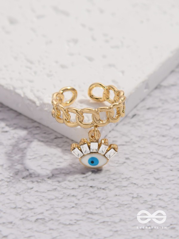 Guardian Gaze - Golden Embellished Charm Ring 