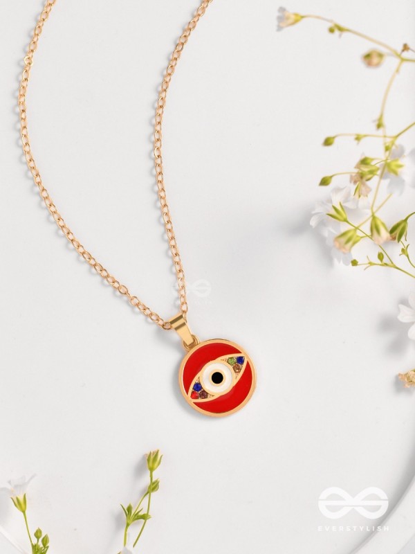 Guardian Eye Stone - Golden Embellished Pendant With Anti-Tarnish Coating (Red)