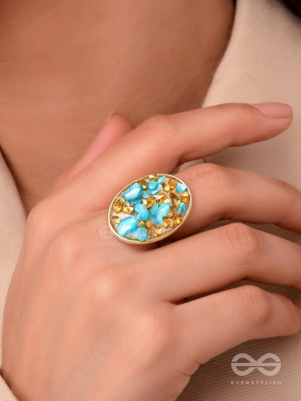 Sparkles & Stones  - Golden Embellished Ring (Blue) (Adjustable)