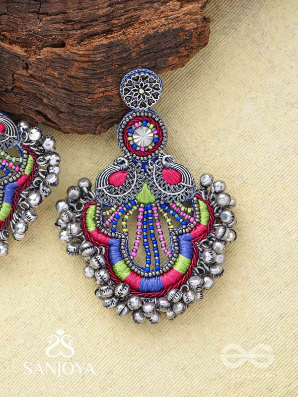 Abherī - The Melodic Dance - Resham And Beads Hand Embroidered Oxidised Earrings