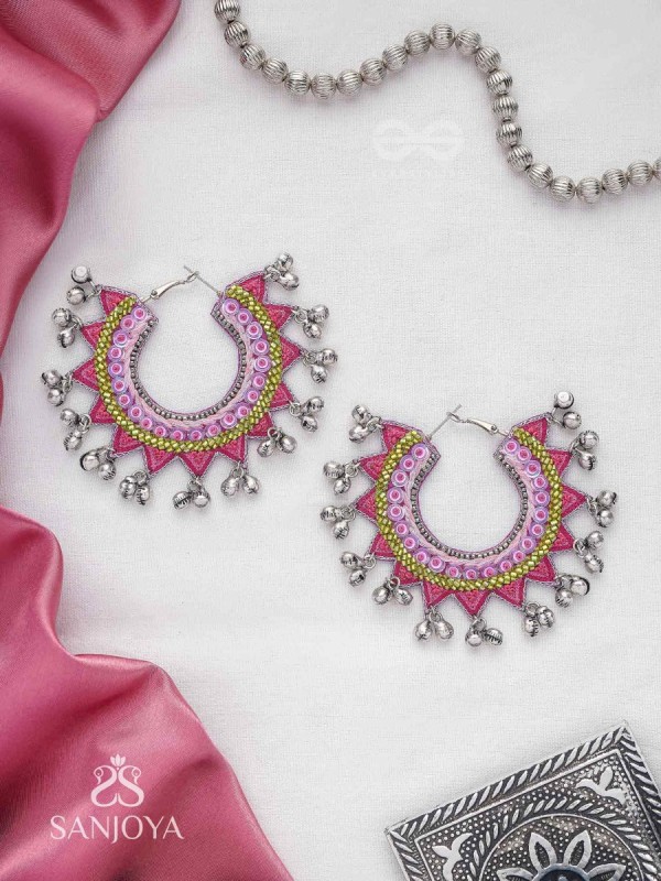 Ihaloka - The Circle Of Life - Sequins And Beads Hand Embroidered Oxidised Hoop Earrings