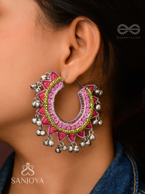 Ihaloka - The Circle Of Life - Sequins And Beads Hand Embroidered Oxidised Hoop Earrings