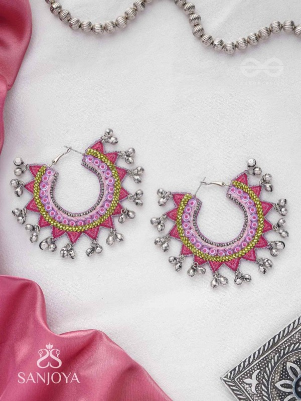 Ihaloka - The Circle Of Life - Sequins And Beads Hand Embroidered Oxidised Hoop Earrings