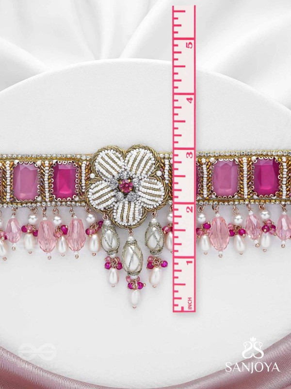CHAANDIKUSUMA - THE ROYAL BLOSSOM- STONE, BEADS, GLASS AND PEARL DROPS HAND EMBROIDERED CHOKER NECKPIECE