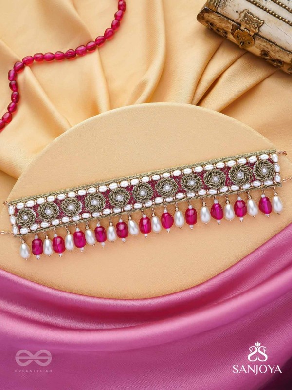 Paurandhra- The Divine Feminism-  Beads, Pearl And Glass Drops Hand Embroidered Choker Neckpiece