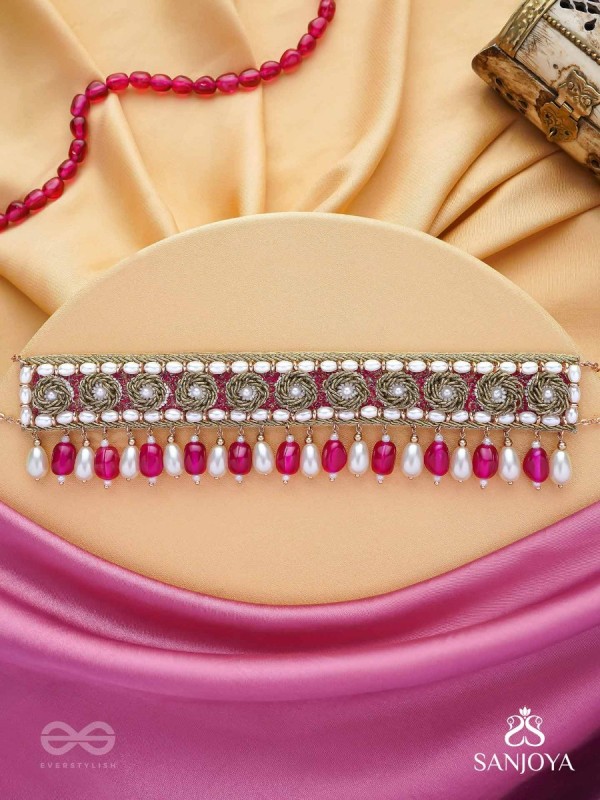 Paurandhra- The Divine Feminism-  Beads, Pearl And Glass Drops Hand Embroidered Choker Neckpiece