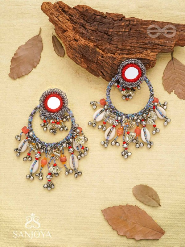 Pradhma - The Ocean Treasures - Beads, Mirror And Shells Hand Embroidered Oxidised Earrings