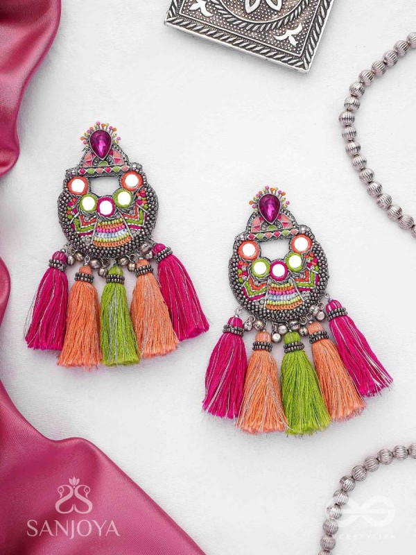 Ksipra - Shades Of Spring - Beads, Mirror And Sequins Hand Embroidered Oxidised Earrings