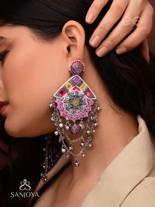 Anugata - The Mystic Marvel - Beads, Mirror And Cutdana Hand Embroidered Oxidised Earrings