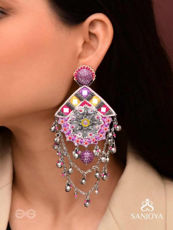 Anugata - The Mystic Marvel - Beads, Mirror And Cutdana Hand Embroidered Oxidised Earrings