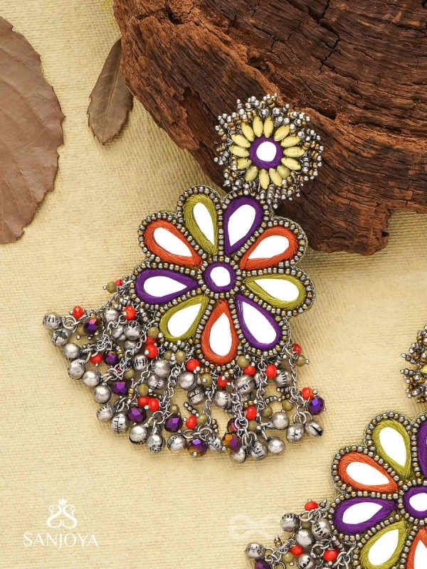 Ambuvasini - The Angel's Flower - Mirror, Resham And Beads Hand Embroidered Oxidised Earrings