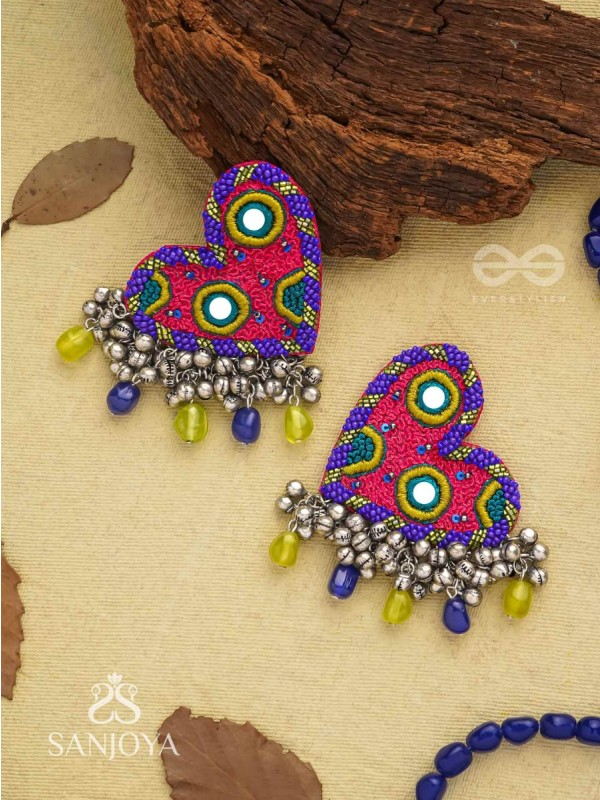 Hrdayanuga - Sound Of The Heart - Beads, Mirror And Glass Drops Hand Embroidered Oxidised Earrings