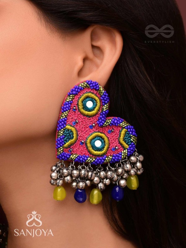 Hrdayanuga - Sound Of The Heart - Beads, Mirror And Glass Drops Hand Embroidered Oxidised Earrings