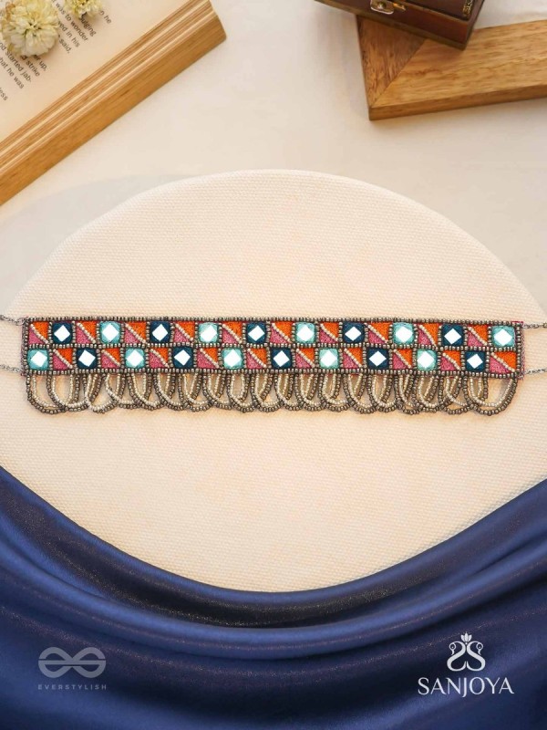 Dyupatha - The Sky Horizon - Mirror And Beads Hand Embroidered Oxidised Neckpiece
